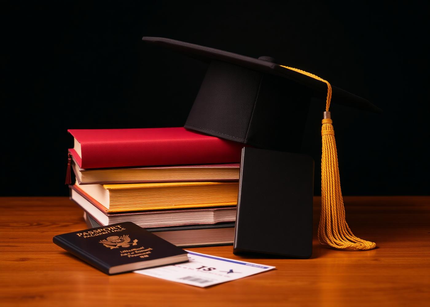 Chapéu de formatura sobre livros ao lado de passaporte