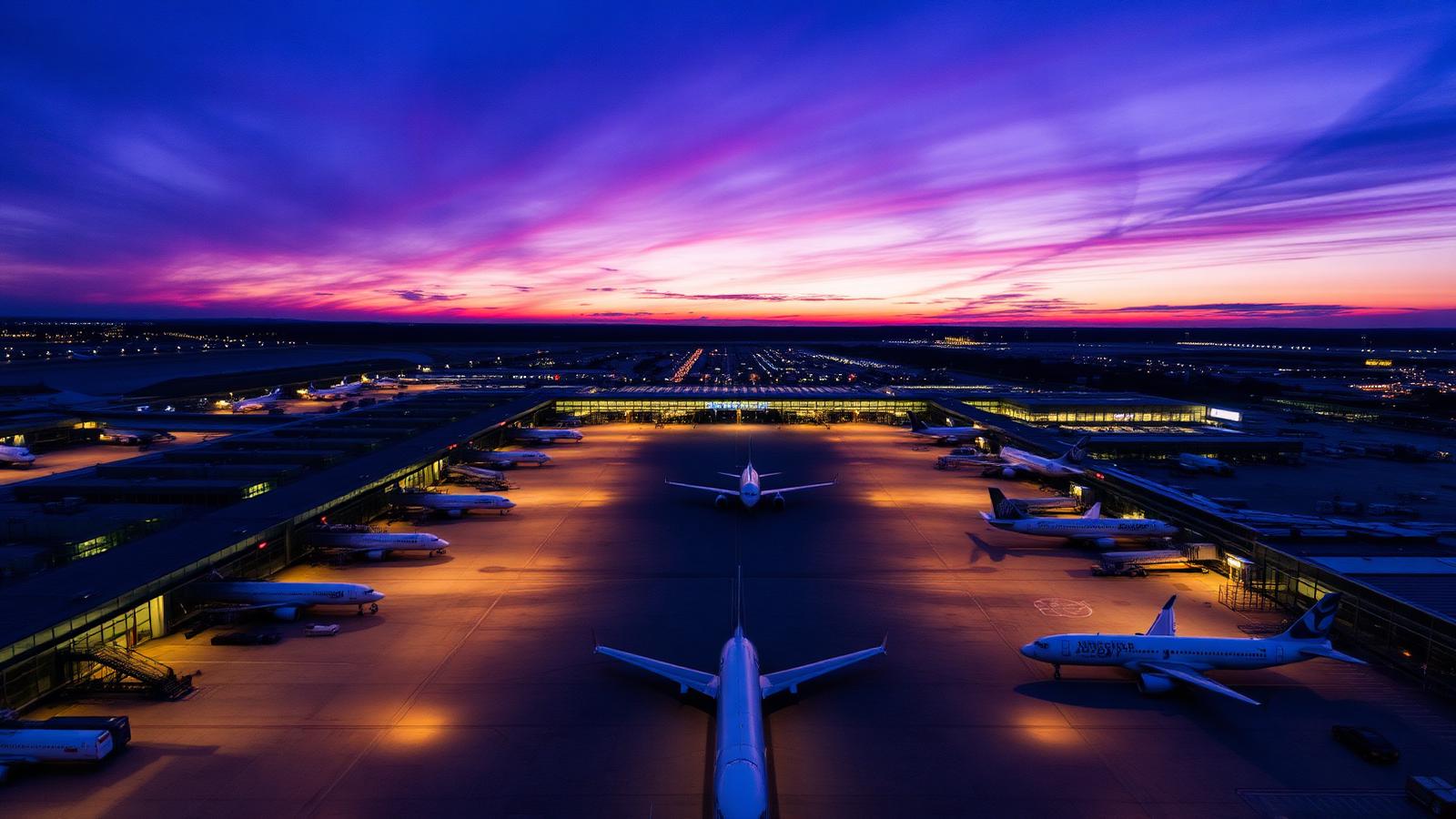 Terminal de aeroporto ao entardecer